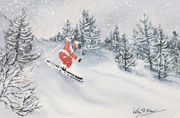 Father Christmas Powder Skiing When Snowing (Pack of 5 cards)