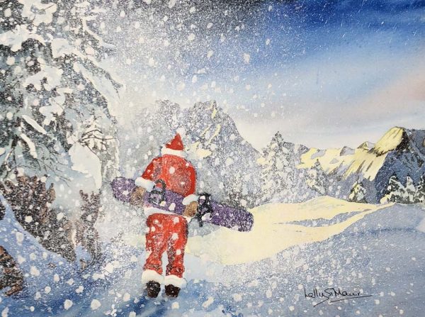 Father Christmas Walking With a Snowboard (Pack of 5 cards)