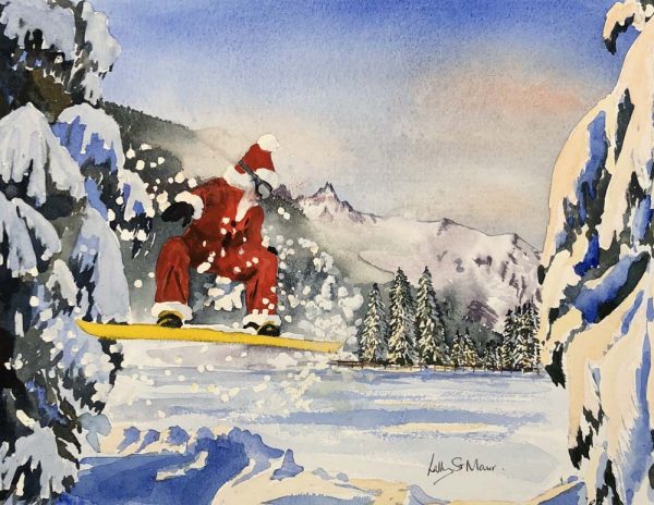 Father Christmas on a Yellow Snowboard (Pack of 5 cards)