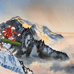 Father Christmas on a Green Snowboard (Pack of 5 cards)
